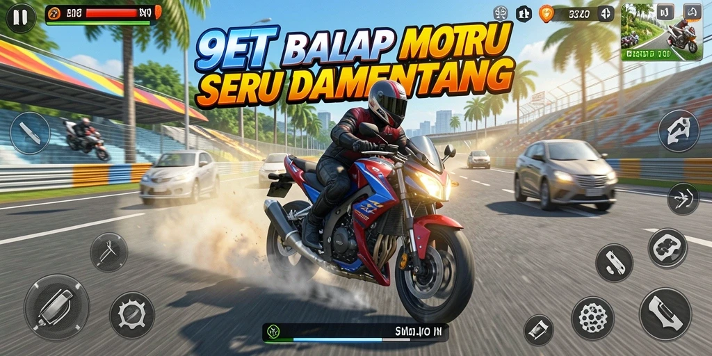 Screenshot menunjukkan balapan mendebarkan dengan motor kustom.
