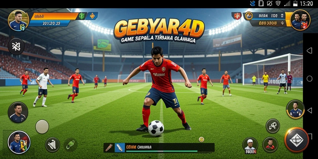 Screenshot utama GEBYAR4D menampilkan aksi seru dalam permainan sepak bola.