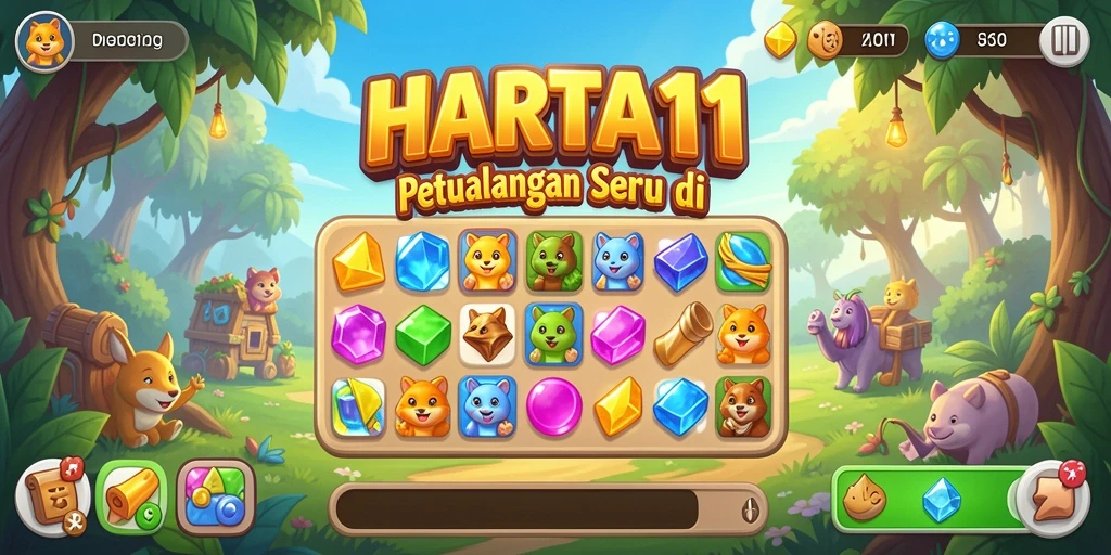 Tangkapan layar gameplay seru HARTA11 dengan karakter dan item Match-3.