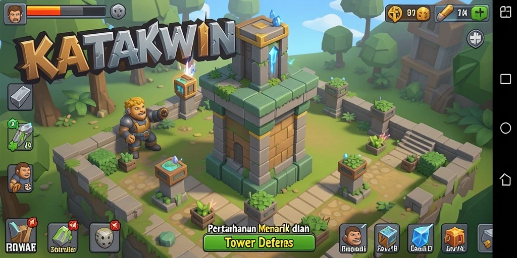 Screenshot gameplay KATAKWIN menampilkan aksi Tower Defense yang seru.