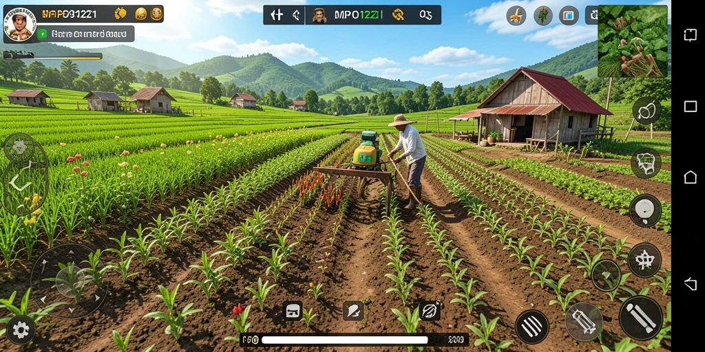 Gameplay seru di MPO1221 yang memperlihatkan ladang yang hijau dan subur.