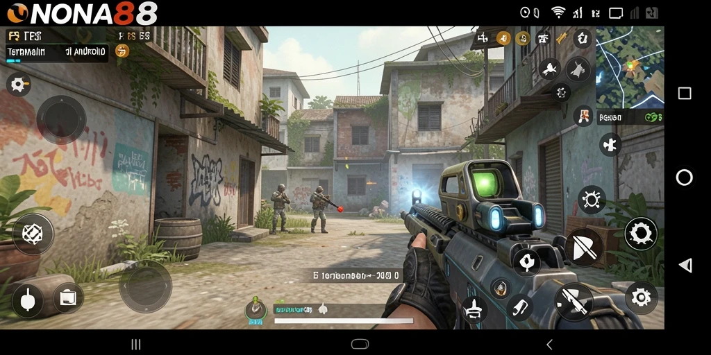 Screenshot utama NONA88 menampilkan aksi tembak-menembak seru dalam permainan FPS.