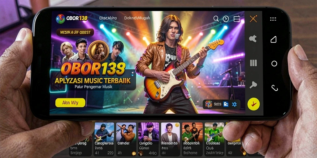 Screenshot utama OBOR138 menunjukkan antarmuka aplikasi musik yang menarik.