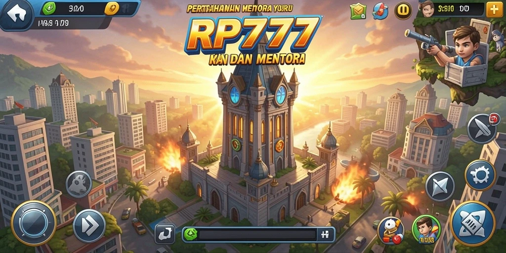 Screenshot utama RP777 menampilkan aksi pertempuran Tower Defense yang intens.