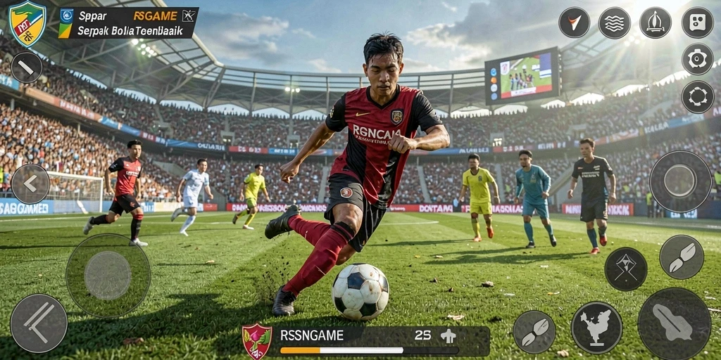 Tampilan gameplay seru dan kompetitif dari RSNGAME di lapangan sepak bola.