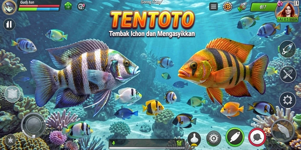 Screenshot gameplay TENTOTO menampilkan aksi seru menembak ikan.